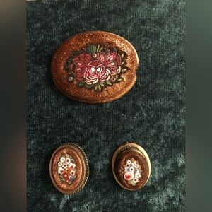 Vintage Victorian Pietra Dura Italian Goldstone Floral Brooches Lot Of 3